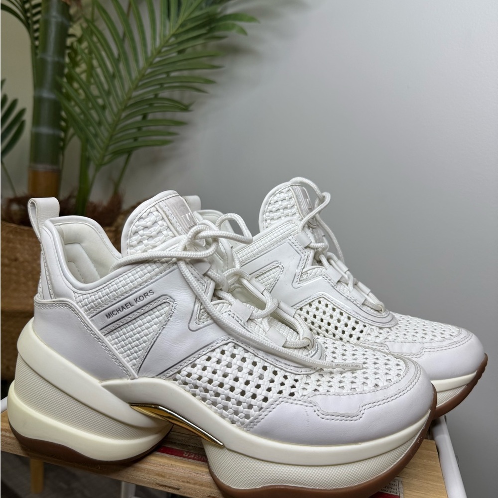 Michael Kors White Sneakers with Gold Accent and Brown Sole